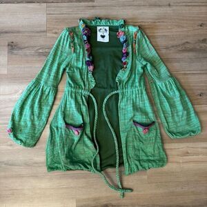 Nuvula Size XS Tie Waist Cardigan Green Floral Crochet Art To Wear Twee Boho